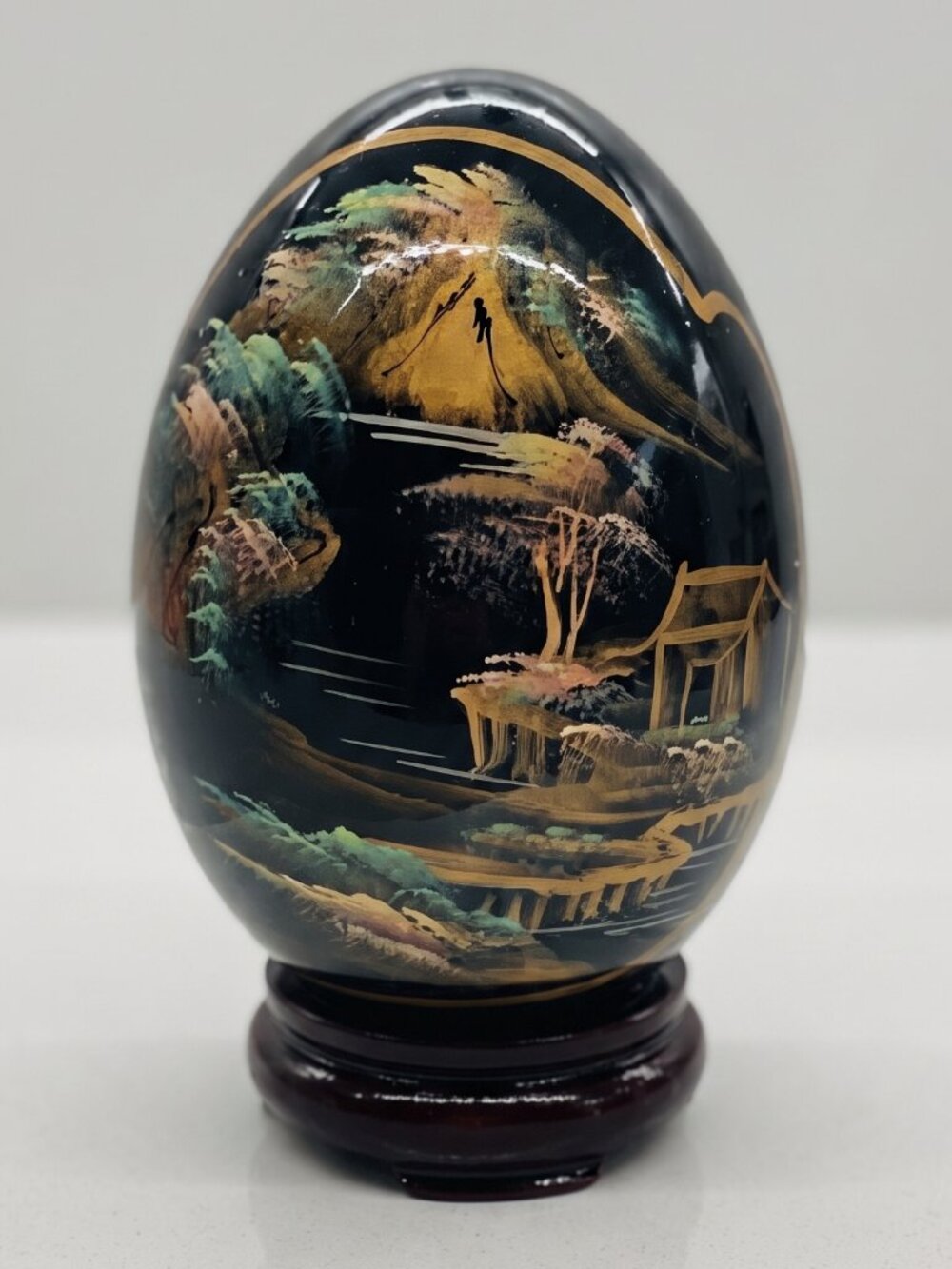 Vintage Asian Black Lacquer Landscape Egg Hand Painted Wood Stand 7.5”